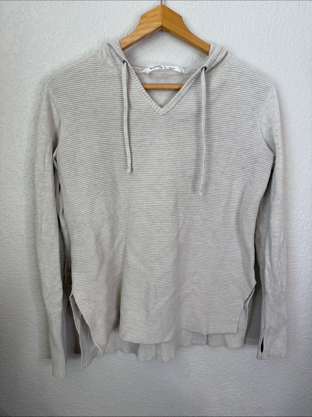 Athleta V Neck Hooded Sweater Striped Cream size Small